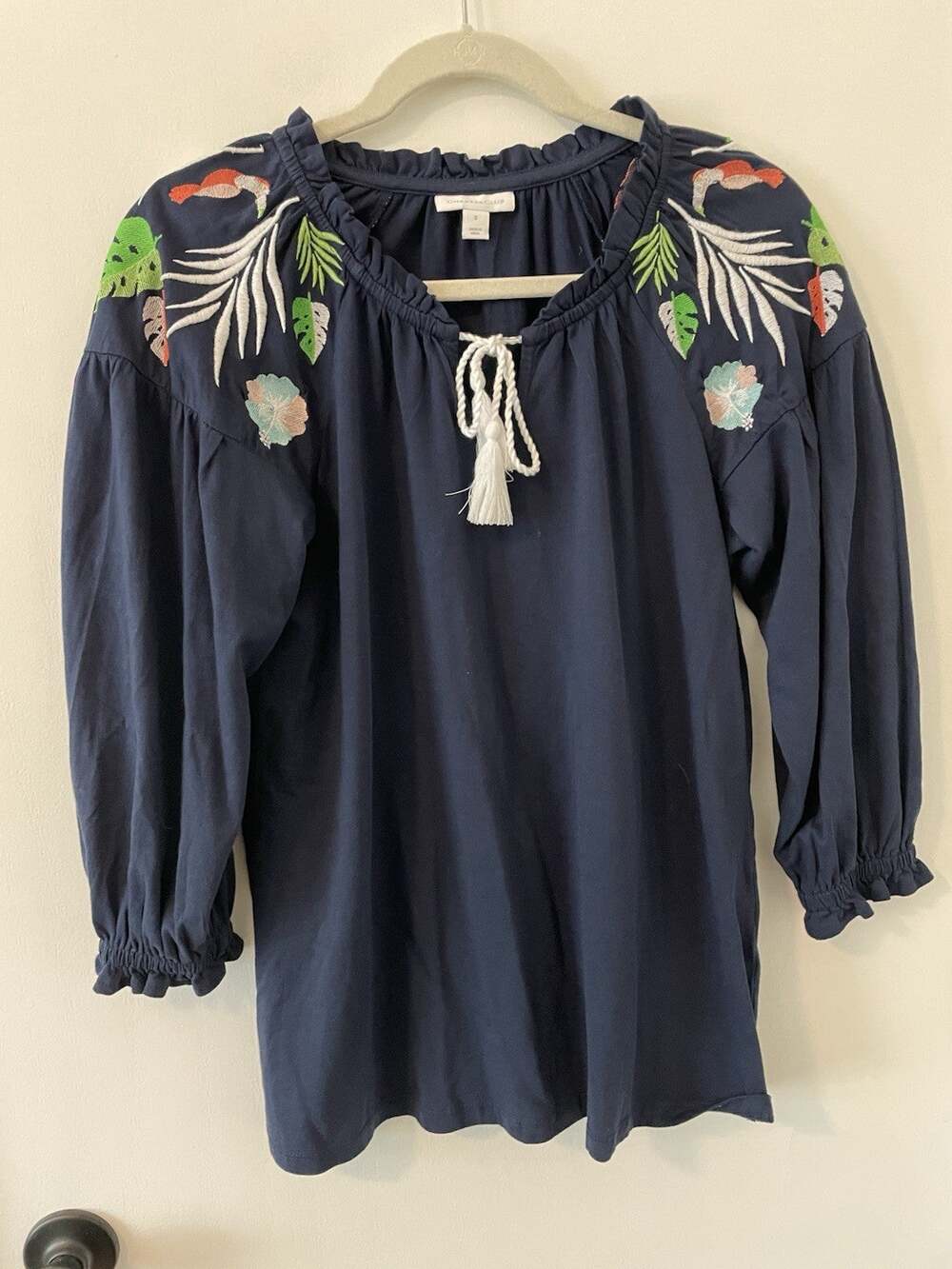 Charter Club Womens Embroidered Peasant Top Blue Size Small Grandma Core. 0089